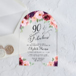 Elegant Floral Watercolor 90th Birthday Party Arch Acrylic Invitations<br><div class="desc">Elegant arch-shaped clear acrylic 90th birthday party invitation featuring "90 & Fabulous" in a chic script and watercolor bouquets of burgundy red,  pink and purple florals.</div>