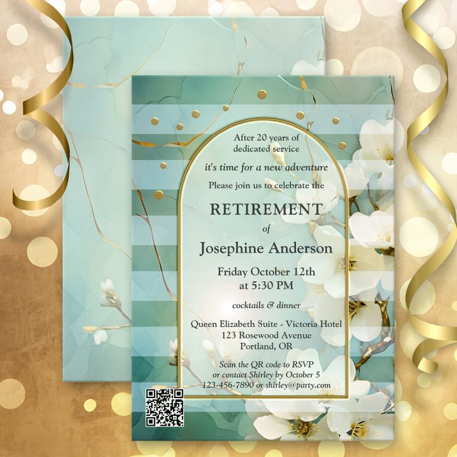 Elegant Floral Watercolor Art Retirement Party Invitation (Retirement party invitation featuring watercolor flowers on a retro striped design in teal and gold)