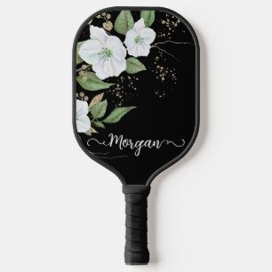 Elegant Floral Watercolor Black Gold Script Name Pickleball Paddle