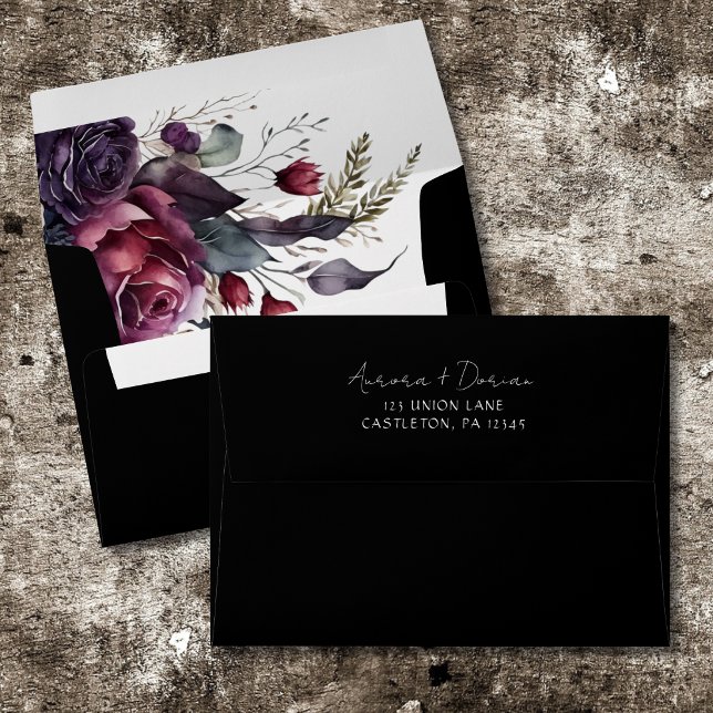 Elegant Floral Watercolor Black Wedding Invitation Envelope (Creator Uploaded)
