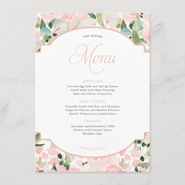 Elegant Floral Watercolor Blush Pink Party Menu (Front)