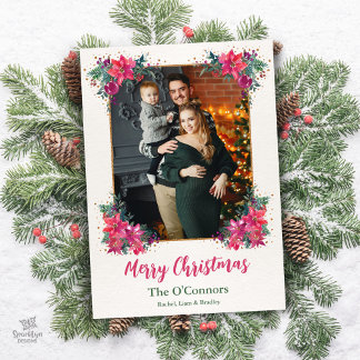 Elegant Floral Watercolor Boho Christmas Photo Holiday Card