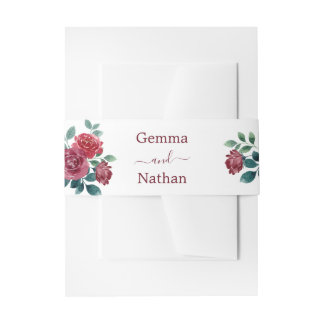 Elegant Floral Watercolor Burgundy Red Wedding Invitation Belly Band