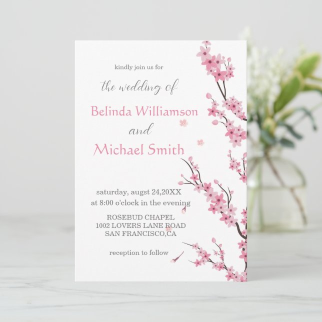 Elegant Floral Watercolor Cherry Blossom Wedding Invitation (Standing Front)