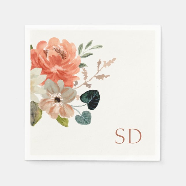 Elegant Floral Watercolor Couple Initials Wedding Napkin (Front)