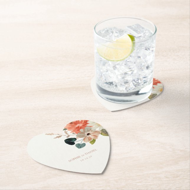 Elegant Floral Watercolor Couple Initials Wedding Paper Coaster (Insitu)
