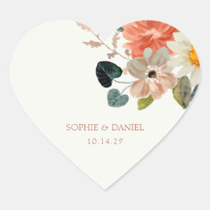 Elegant Floral Watercolor Couple Wedding Heart Sticker