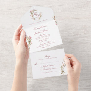 Elegant Floral Watercolor Crest All In One Invitat All In One Invitation