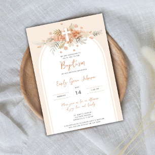 Elegant Floral Watercolor Cross Peach Baptism Invitation