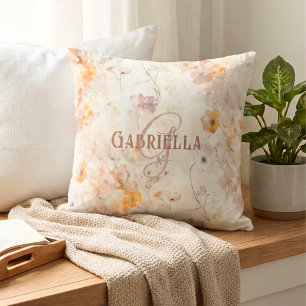 Elegant Floral Watercolor Custom Monogram Throw Pillow