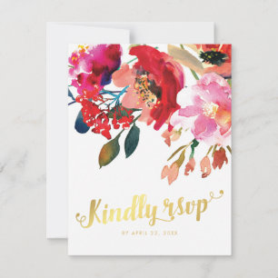 Elegant Floral Watercolor Foil Gold Wedding RSVP Card