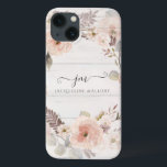 Elegant Floral Watercolor Foliage Rustic Monogram iPhone 13 Case<br><div class="desc">"Elegant Floral Watercolor Foliage with rustic white wooden board background and your script Monogram Initials and Name."  Modern,  painterly style watercolor artwork  over a soft cottage white wood  background.  Pale pastel blush pink wild roses and woodsy leaf foliage greenery for a timeless elegance.  Painted by Audrey Jeanne Roberts,  copyright.</div>