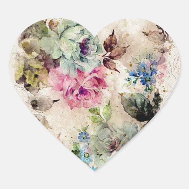 Elegant Floral Watercolor Gold Romantic Heart Sticker (Front)