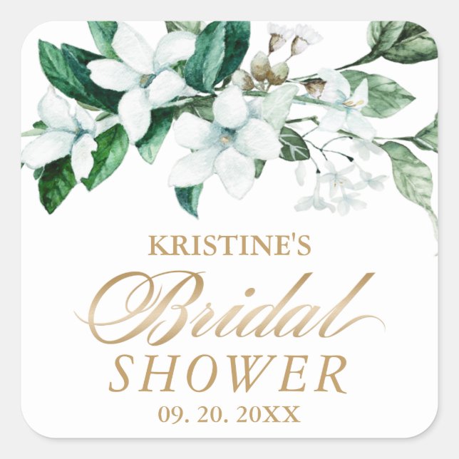 Elegant Floral Watercolor Greenery Bridal Shower Square Sticker (Front)