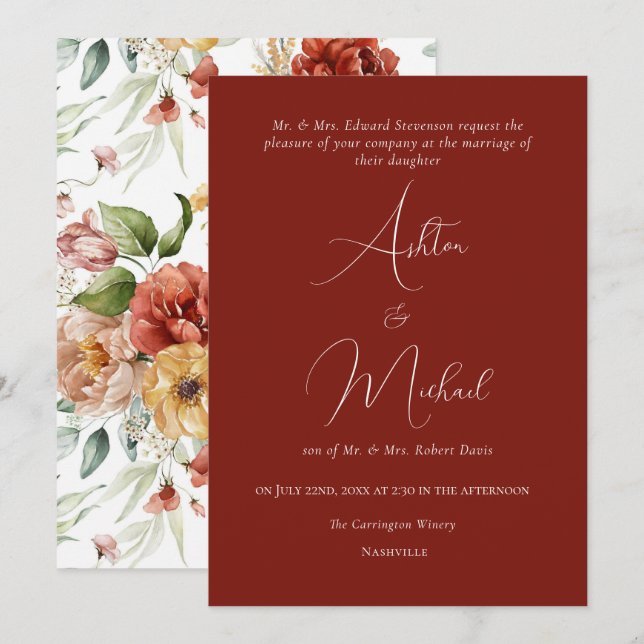 Elegant Floral Watercolor Orange Modern Wedding Invitation (Front/Back)