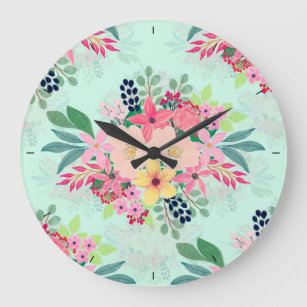 Elegant Floral Watercolor Paint Mint Girly Design Large Clock