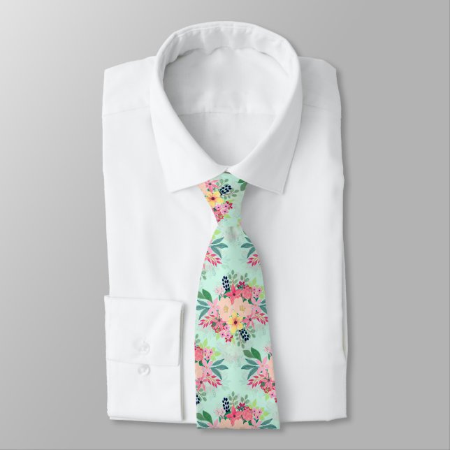 Elegant Floral Watercolor Paint Mint Girly Design Tie (Tied)