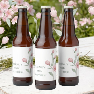 Elegant Floral Watercolor Pink Sage Spring Wedding Beer Bottle Label