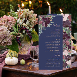 Elegant Floral Watercolor Rose Gold Navy Wedding Menu