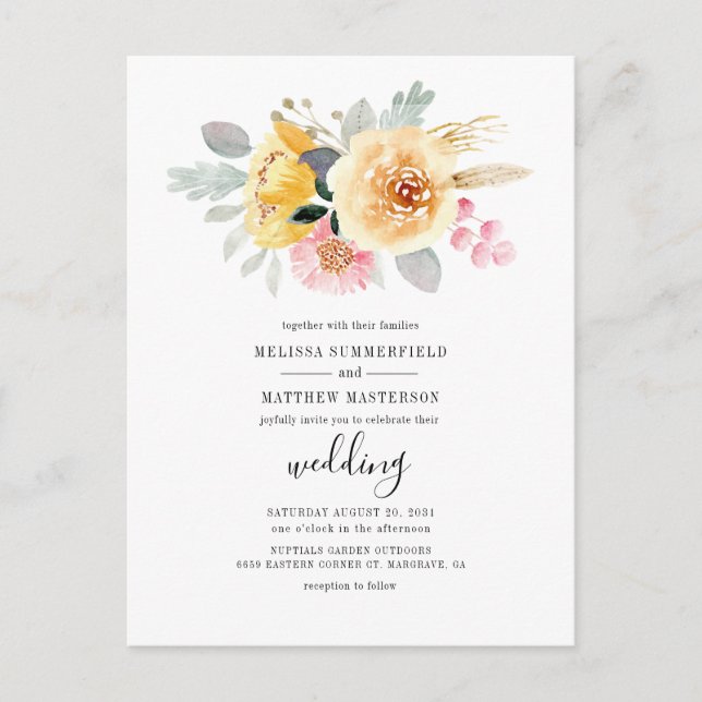 Elegant Floral Watercolor Script Botanical Wedding Invitation Postcard (Front)