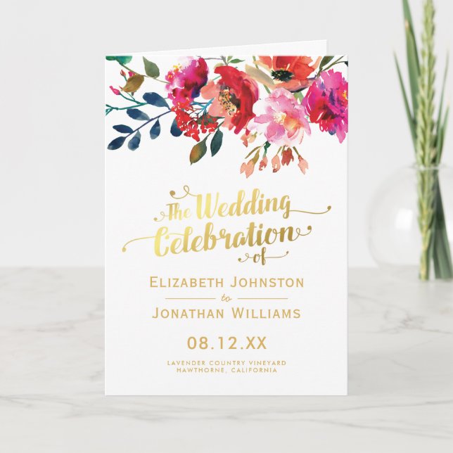 Elegant Floral Watercolor Wedding Ceremony Program (Front)