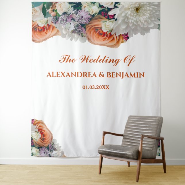 Elegant Floral Watercolor Wedding Flowers Backdrop Tapestry (In Situ)