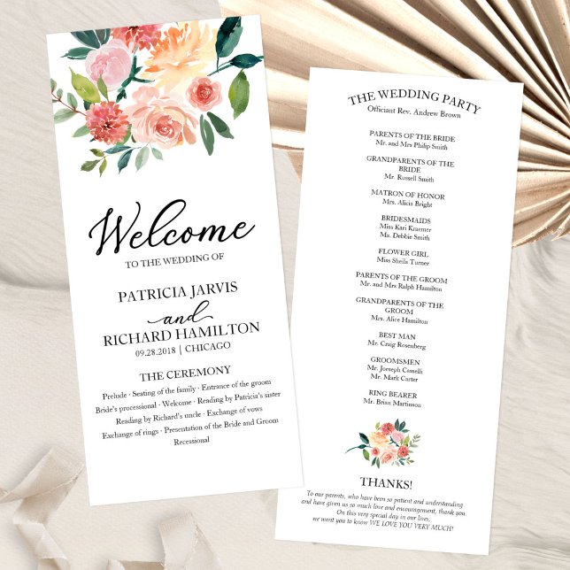 Elegant Floral Watercolor Wedding Program 4x9 (Creator Uploaded)