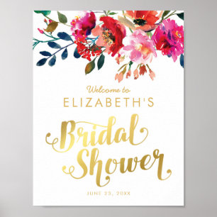 Elegant Floral Watercolor White Gold Bridal Shower Poster