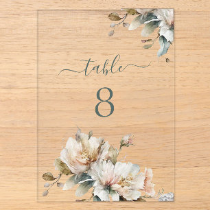 Elegant Floral Wedding Acrylic Clear Table Number