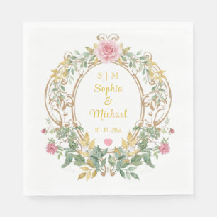 Elegant Floral Wedding Crest Vintage Gold Monogram Napkin