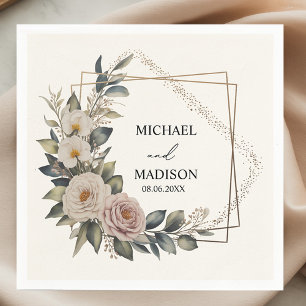 Elegant Floral Wedding Custom Names & Date Gold  Napkin