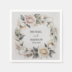 Elegant Floral Wedding Custom Names & Date Gold  Napkin