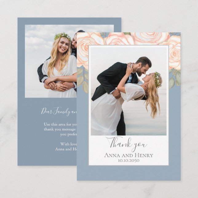 Elegant Floral Wedding Dusty Blue Photo Thank You  (Front/Back)