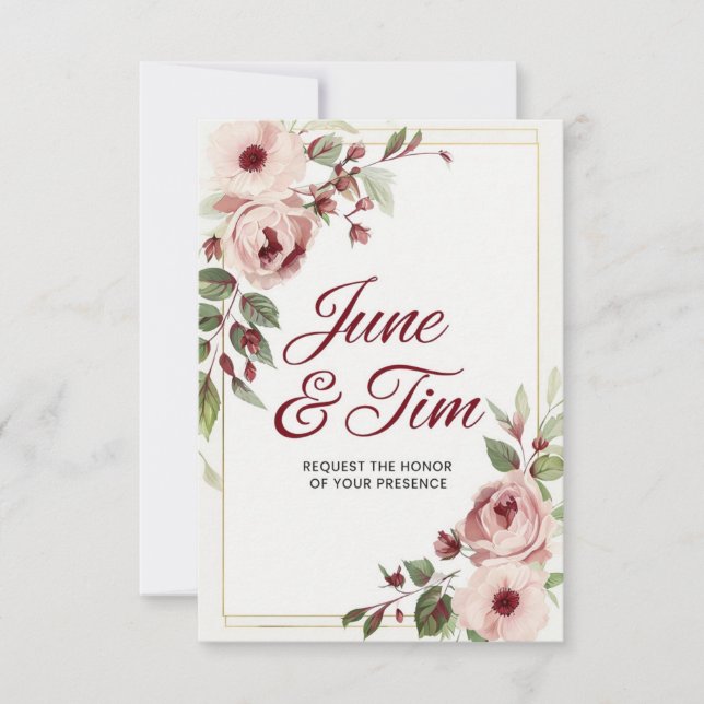 Elegant Floral Wedding Invitation Card with Rose  (Front)