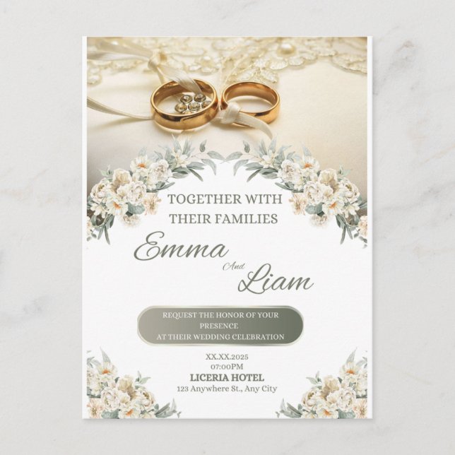 Elegant Floral Wedding Invitation – Emma & Liam Postcard (Front)