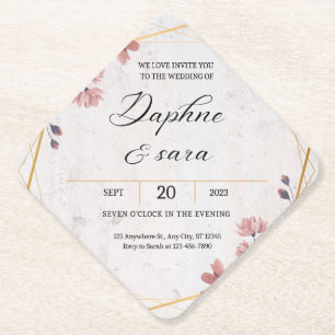 Elegant Floral Wedding Invitation – Geometric Gold Paper Coaster