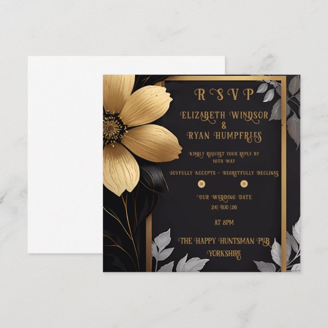 Elegant Floral Wedding Invitation Gold & Silver  (Front/Back)