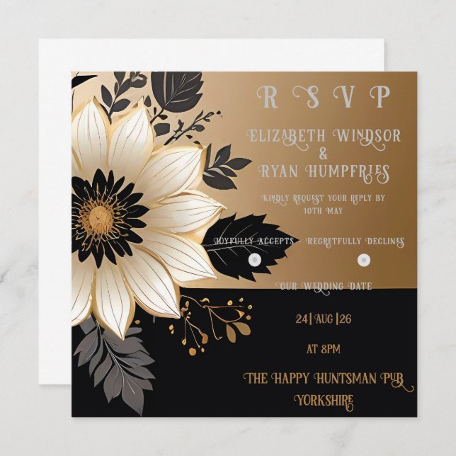 Elegant Floral Wedding Invitation Gold & Silver  (Front/Back)