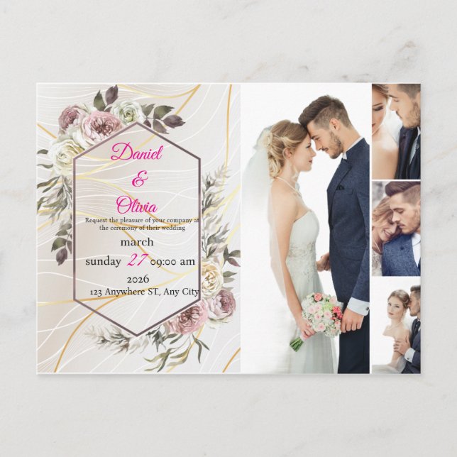 Elegant Floral Wedding  Invitation Postcard (Front)