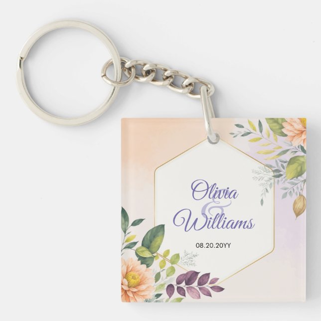 Elegant Floral Wedding Invitation Template Keychain (Front)