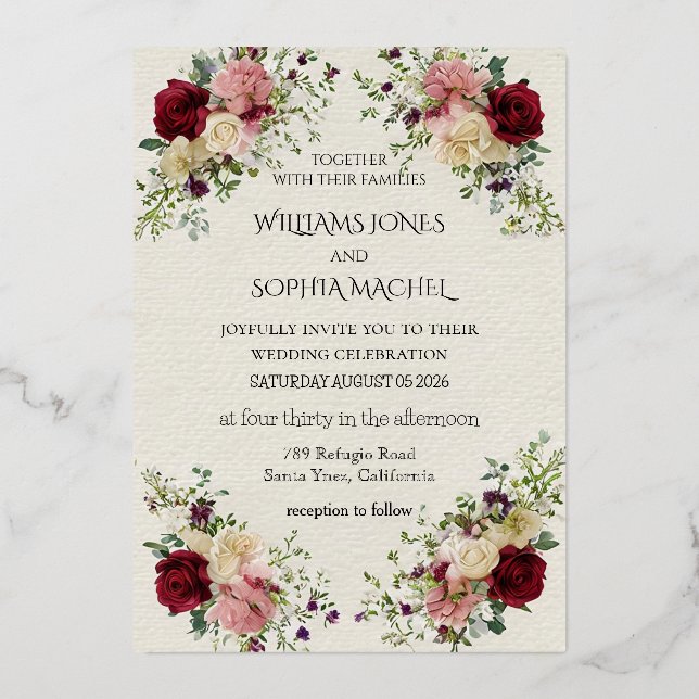Elegant Floral Wedding Invitation & Timeline Card  (Front)
