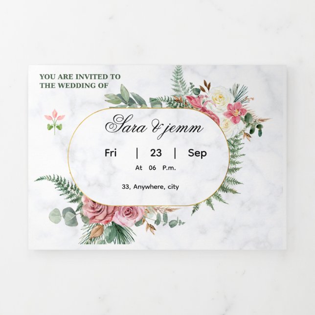 Elegant Floral Wedding Invitation with Gold Oval F (Cover)