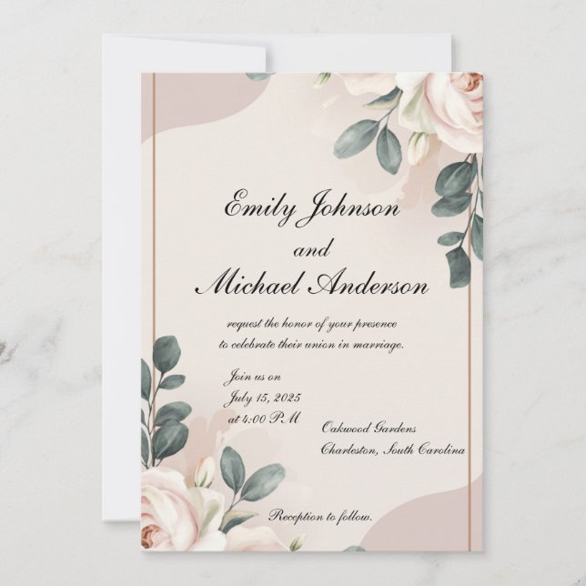 Elegant Floral Wedding Invitation with Soft Pink a (Front)
