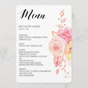 Elegant Floral Wedding Menu Pearls Lace
