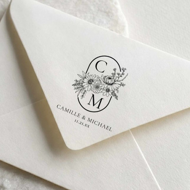 Elegant Floral Wedding Monogram Self Inking Stamp (Fall Floral Wedding Monogram Stamp)