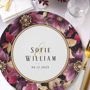Elegant Floral Wedding Names Date Paper Plate