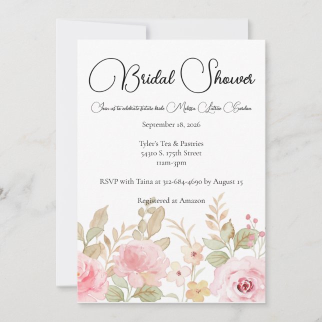 Elegant Floral Wedding Personalized Bridal Shower Invitation (Front)