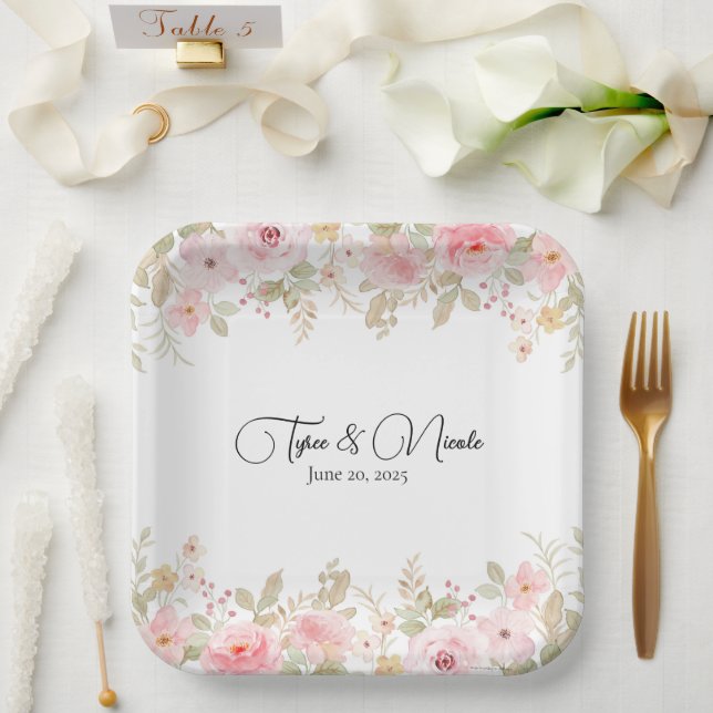 Elegant Floral Wedding Personalized Wedding  Paper Plate (Wedding)