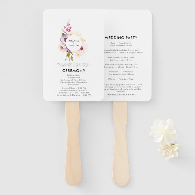Elegant Floral Wedding Program Hand Fan (Front and Back)