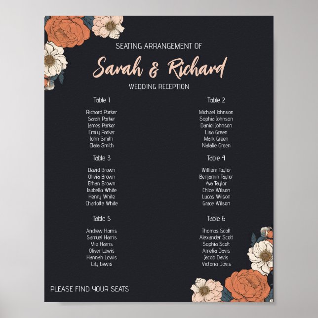 Elegant Floral Wedding Reception Seating Chart  (Front)